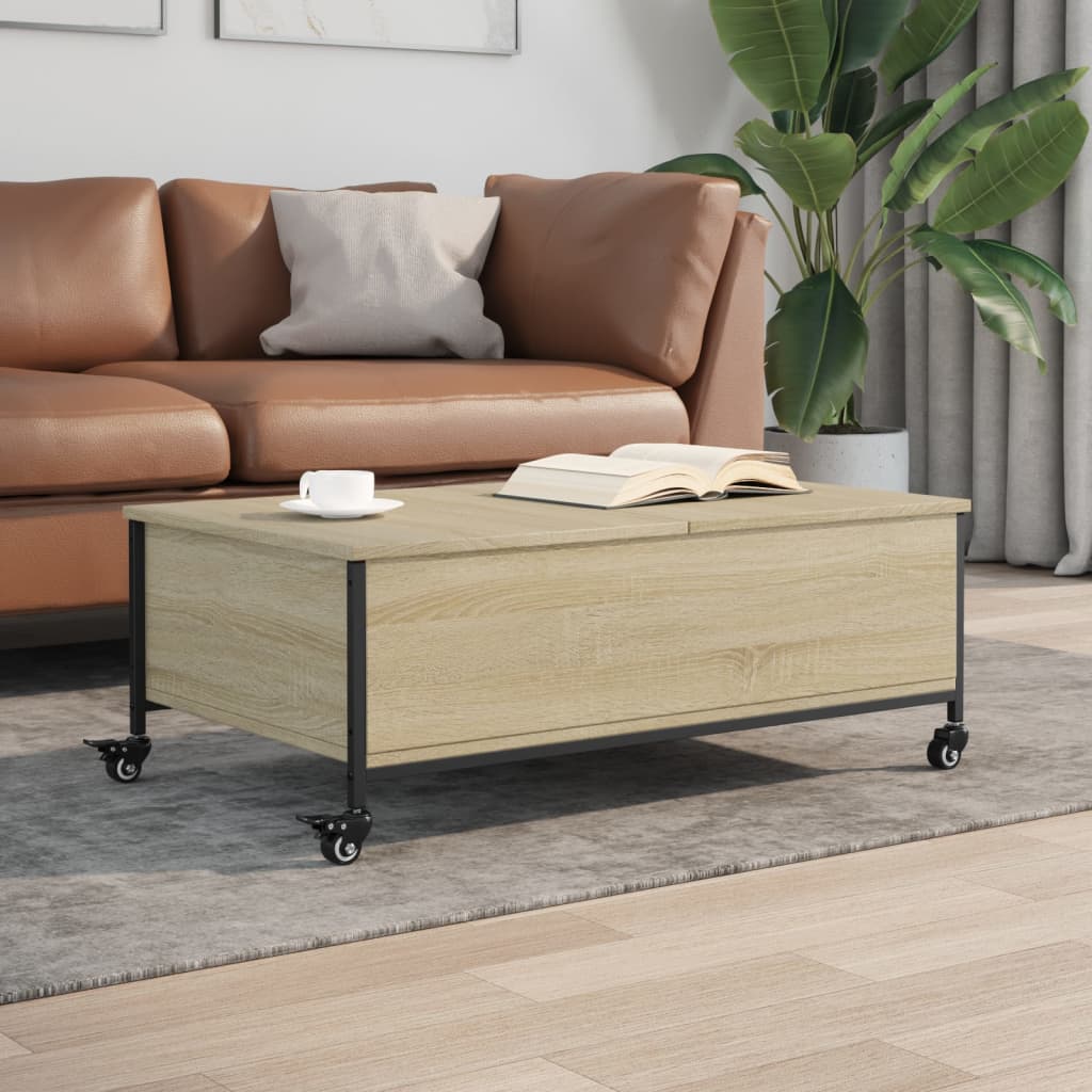 sofabord med hjul 91x55x34 cm konstrueret træ sonoma-eg