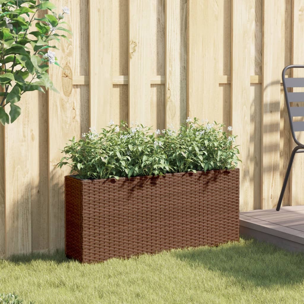 plantekasse med 2 krukker 90x20x40 cm polyrattan brun