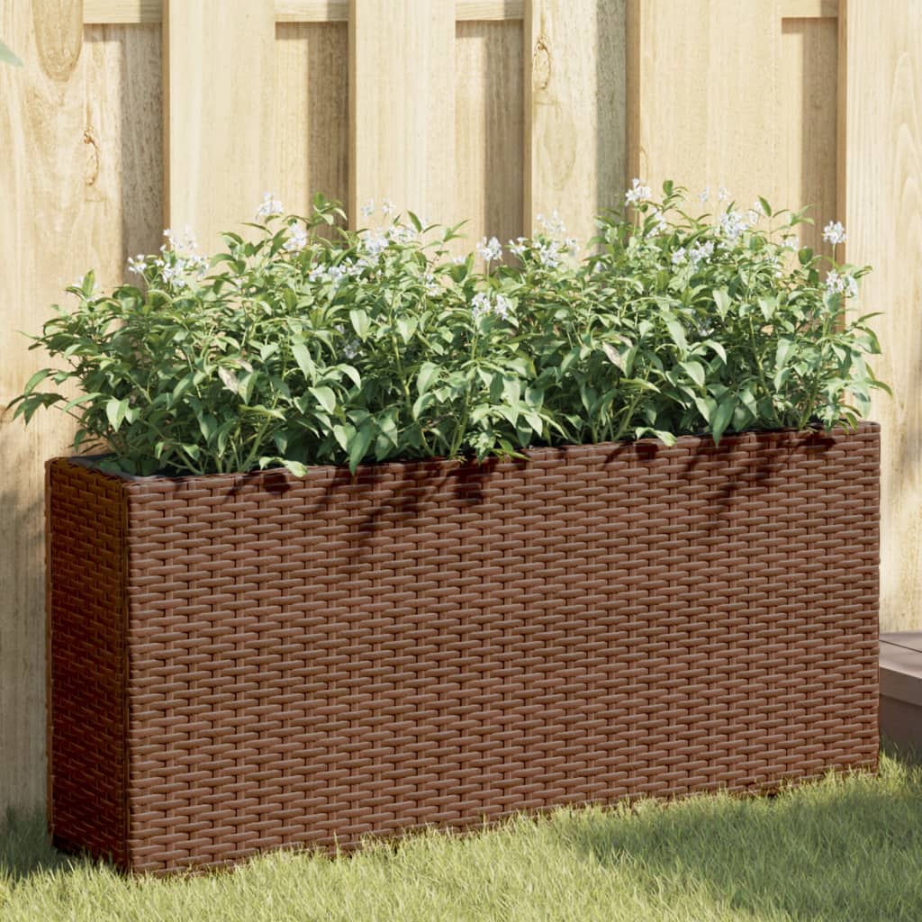 plantekasse med 2 krukker 90x20x40 cm polyrattan brun