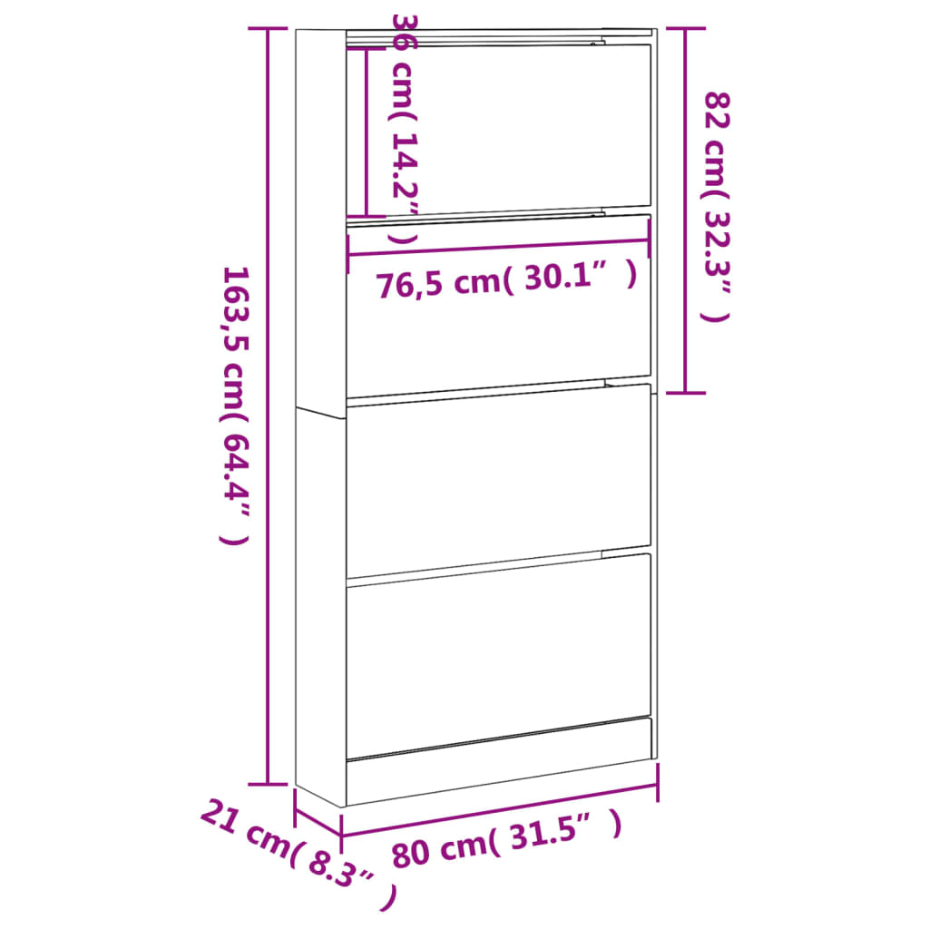 skoskab med 4 vippeskuffer 80x21x163,5 cm grå sonoma-eg