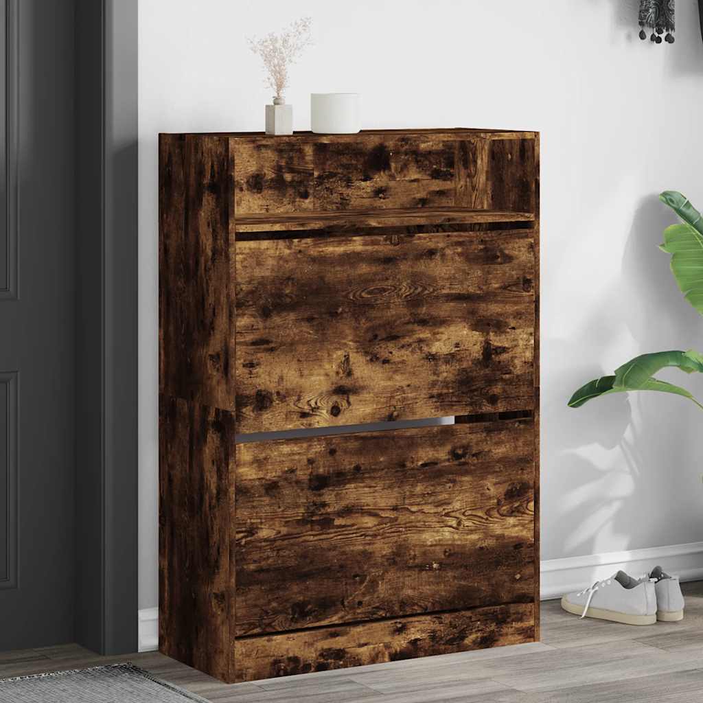 skoskab med 2 vippeskuffer 80x34x116 cm røget egetræsfarve