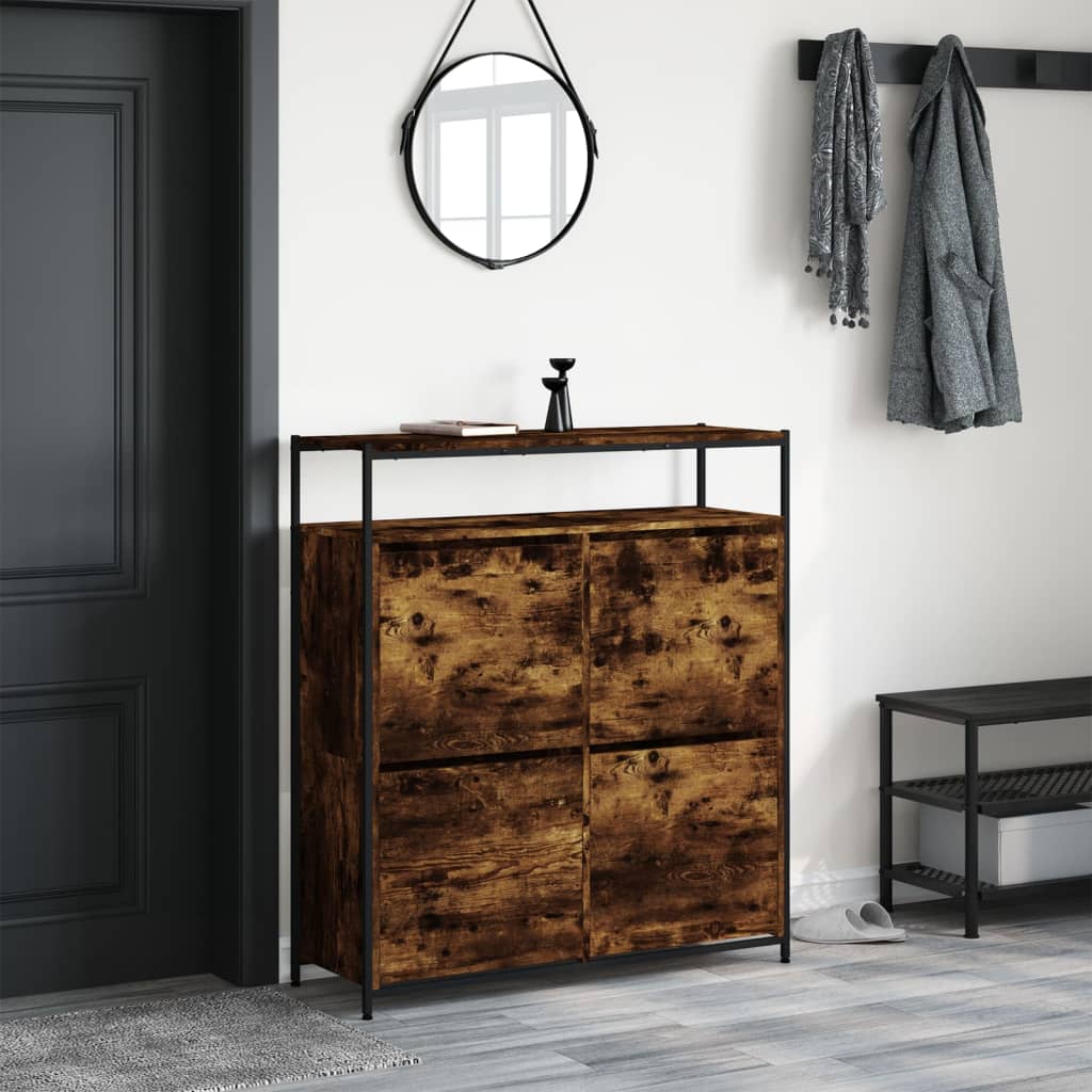 skoskab med 4 vippeskuffer 100x34x112 cm røget egetræsfarve