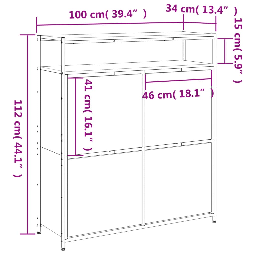 skoskab med 4 vippeskuffer 100x34x112 cm grå sonoma-eg
