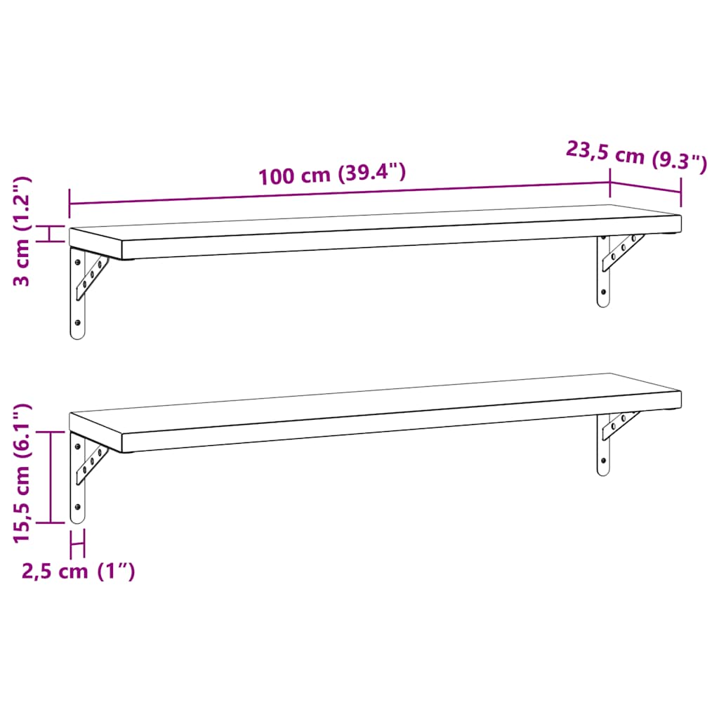 væghylder 2 stk. 100x23,5 cm rustfrit stål sølvfarvet