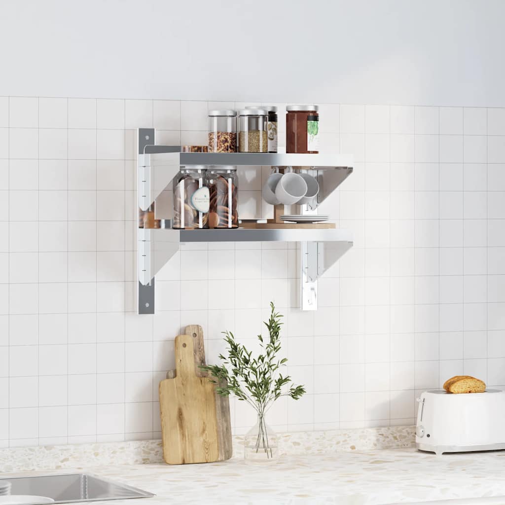 væghylde 50x23,5x48 cm 2 niveauer rustfrit stål sølvfarvet