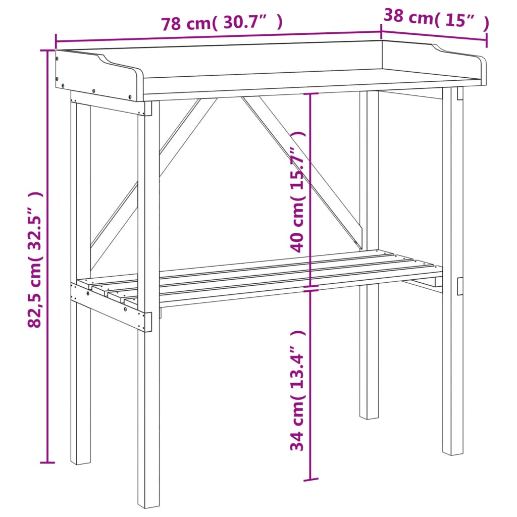 plantebord med hylde 78x38x82,5 cm massivt grantræ