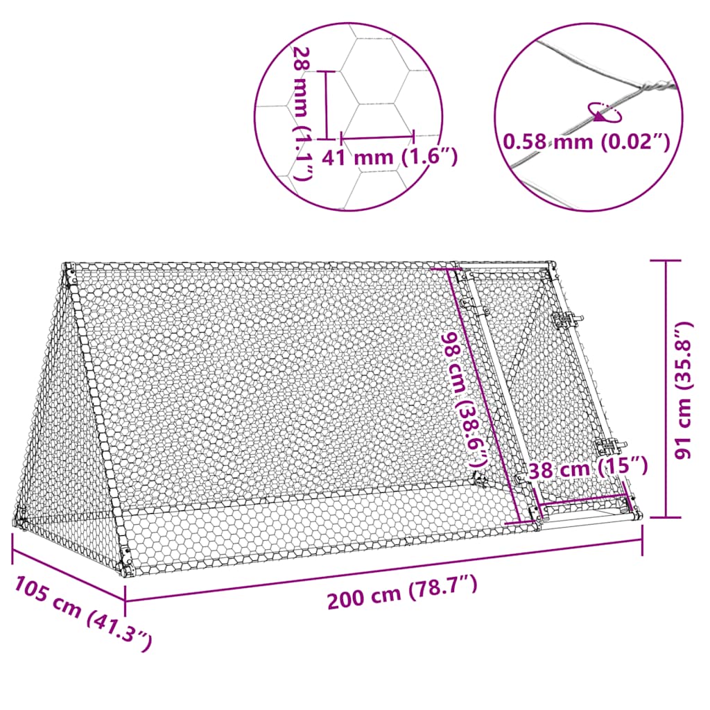 hønsehus 200x105x91 cm galvaniseret stål sølvfarvet