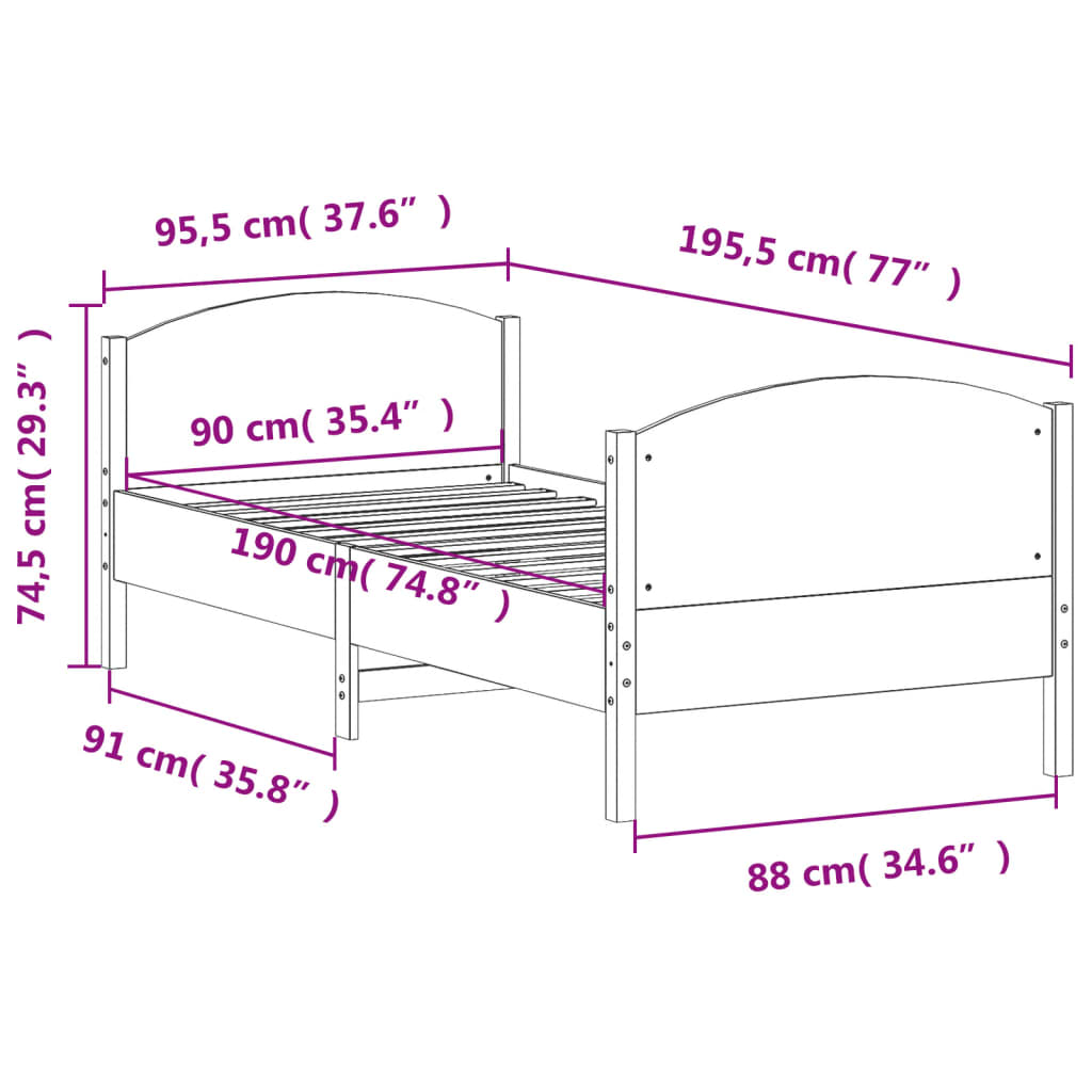 sengeramme uden madras 90x190 cm massivt fyrretræ
