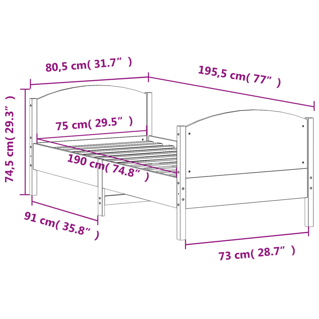 sengeramme uden madras 75x190 cm massivt fyrretræ hvid