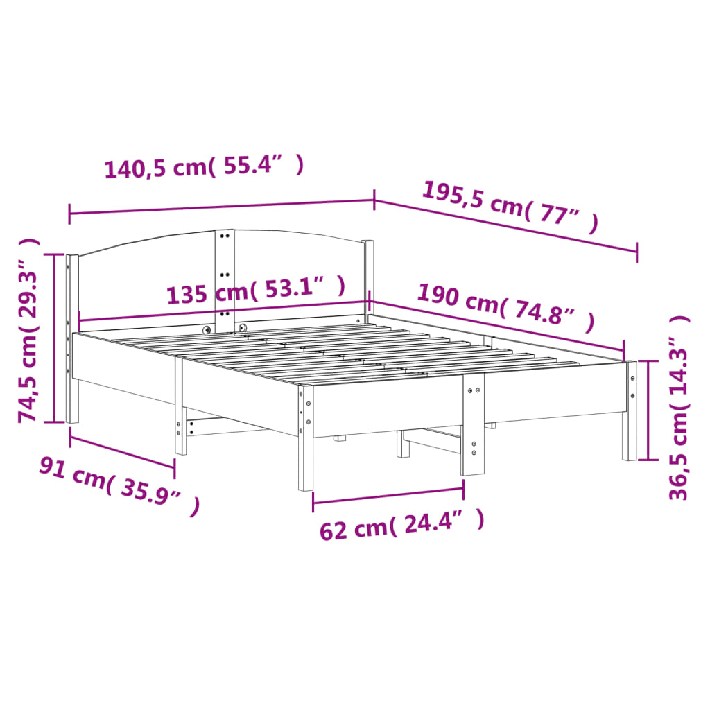 sengeramme uden madras 135x190 cm massivt fyrretræ hvid