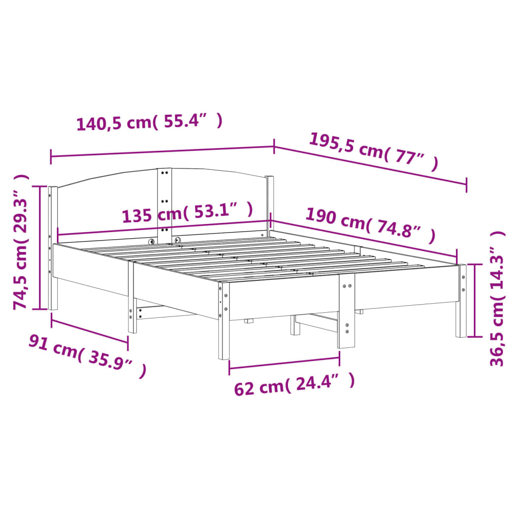sengeramme uden madras 135x190 cm massivt fyrretræ hvid
