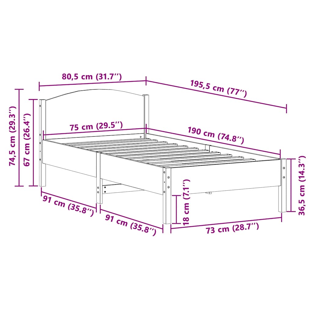 sengeramme uden madras 75x190 cm massivt fyrretræ hvid