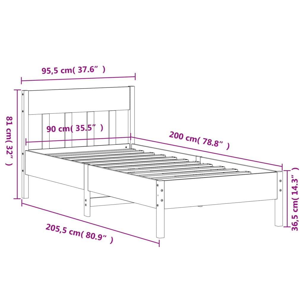 sengeramme uden madras 90x200 cm massivt fyrretræ hvid