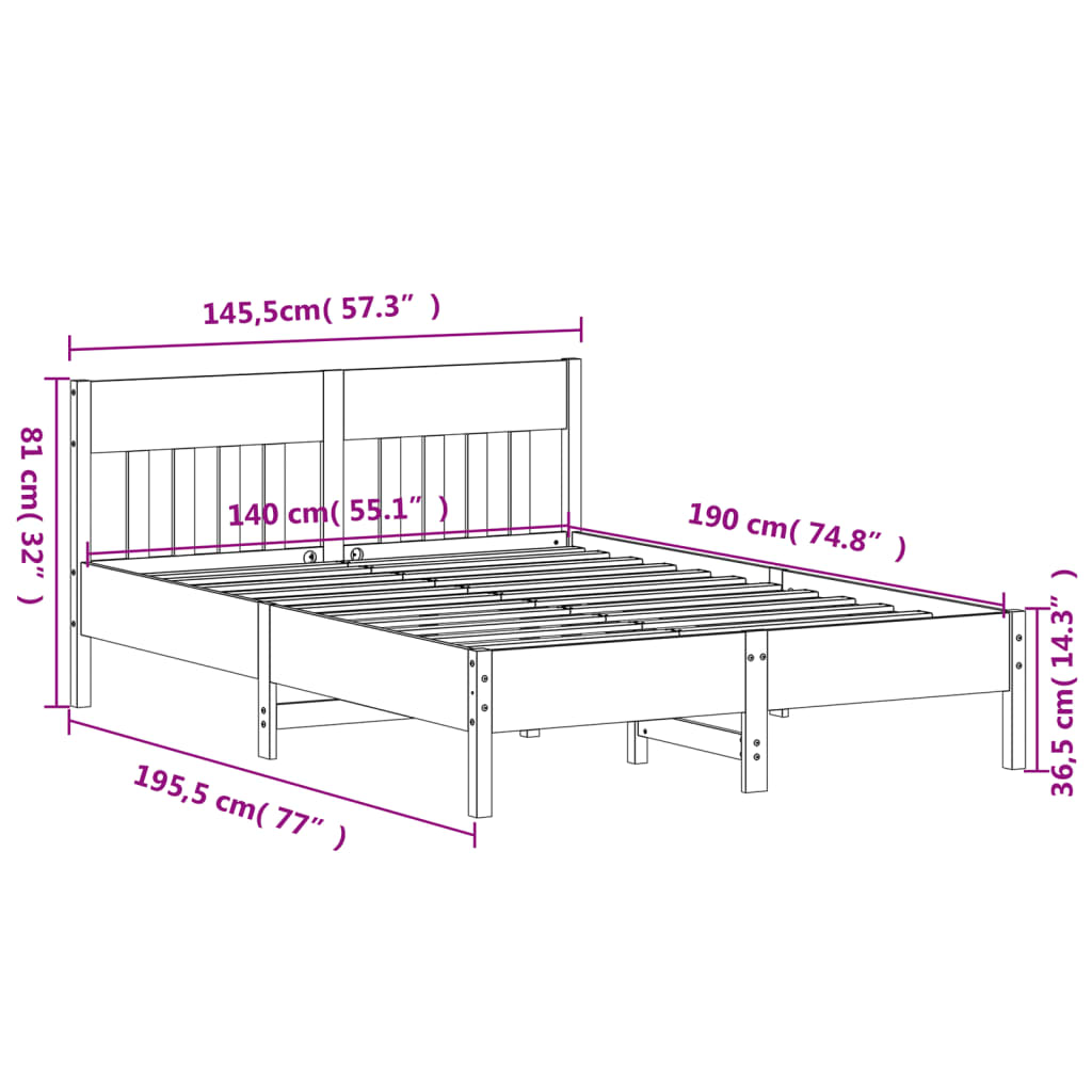 sengeramme uden madras 140x190 cm massivt fyrretræ