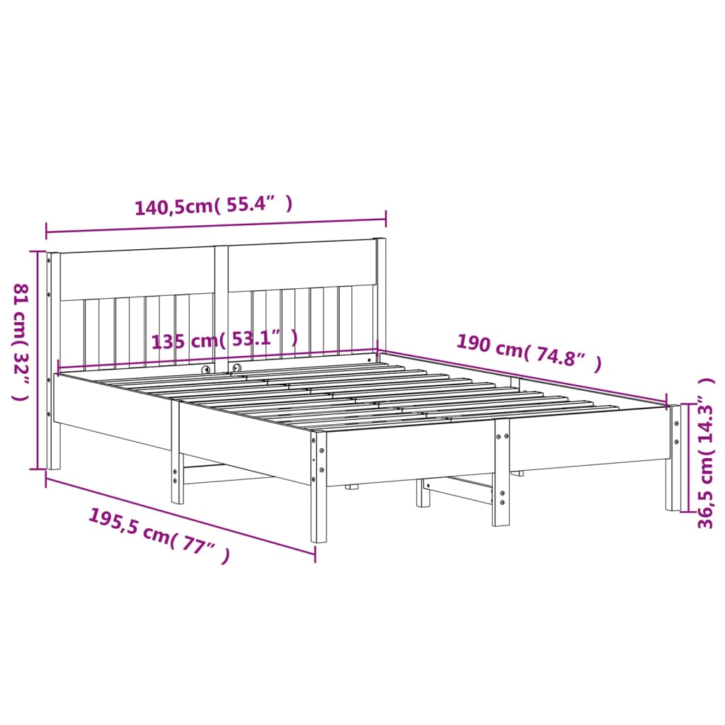 sengeramme uden madras 135x190 cm massivt fyrretræ brun