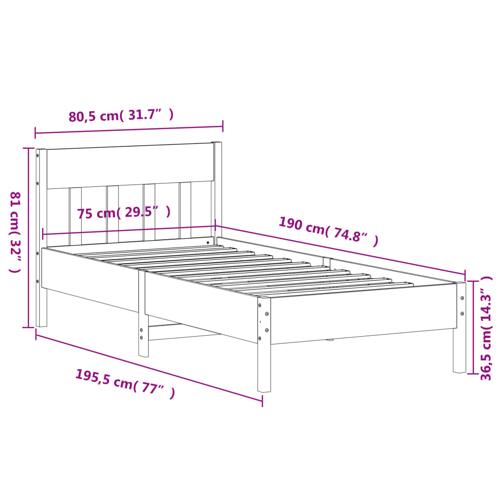 sengeramme uden madras 75x190 cm massivt fyrretræ