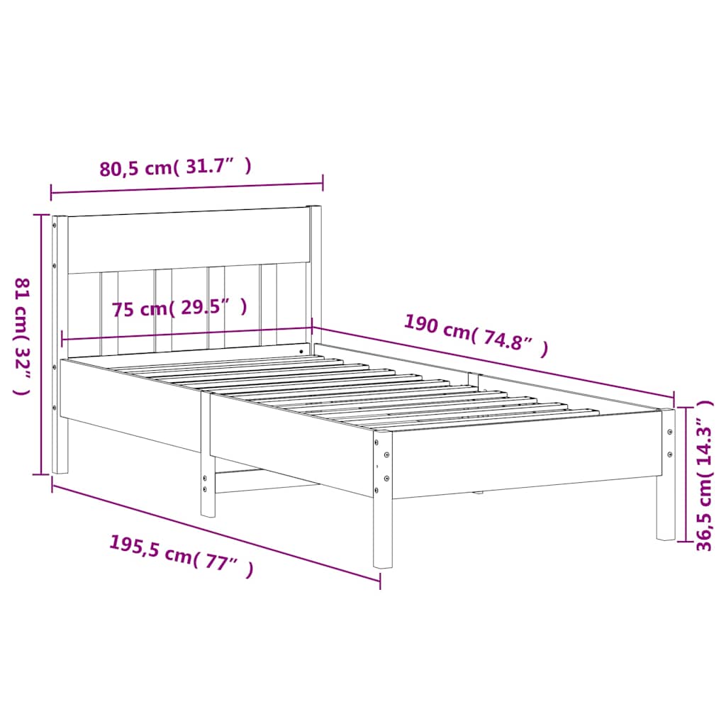 sengeramme uden madras 75x190 cm massivt fyrretræ gyldenbrun