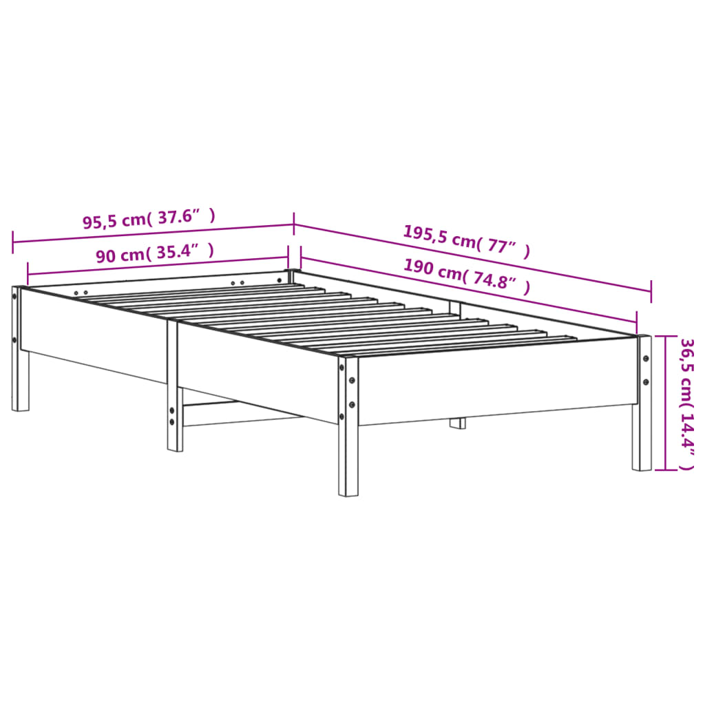 sengeramme uden madras 90x190 cm massivt fyrretræ hvid