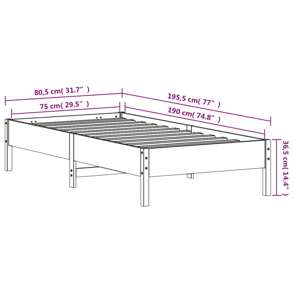sengeramme uden madras 75x190 cm massivt fyrretræ