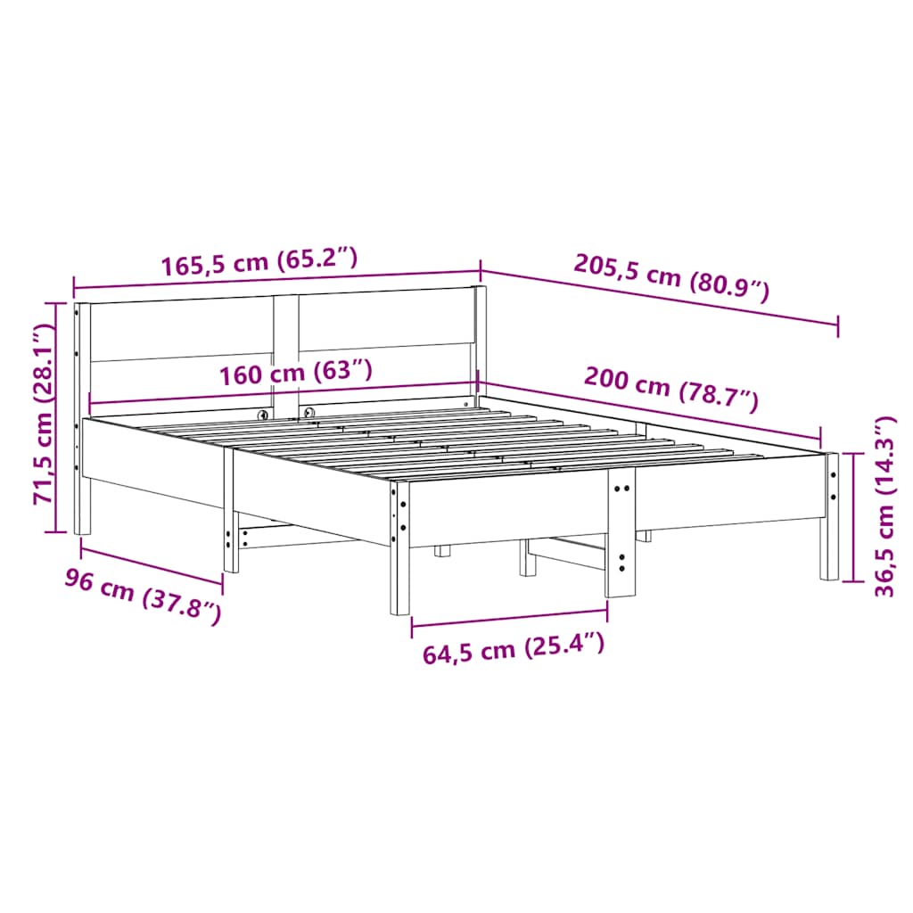 sengeramme uden madras 160x200 cm massivt fyrretræ hvid