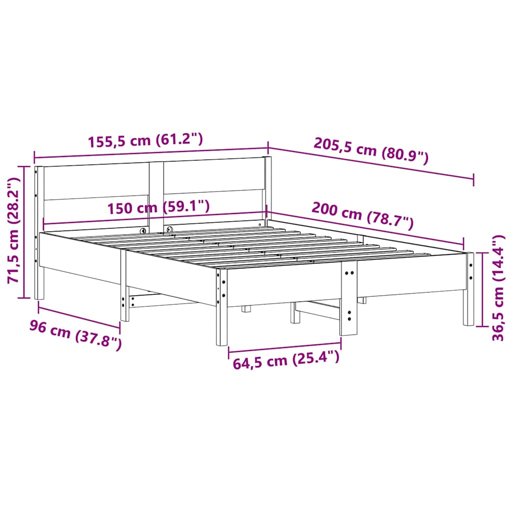 sengeramme uden madras 150x200 cm massivt fyrretræ hvid