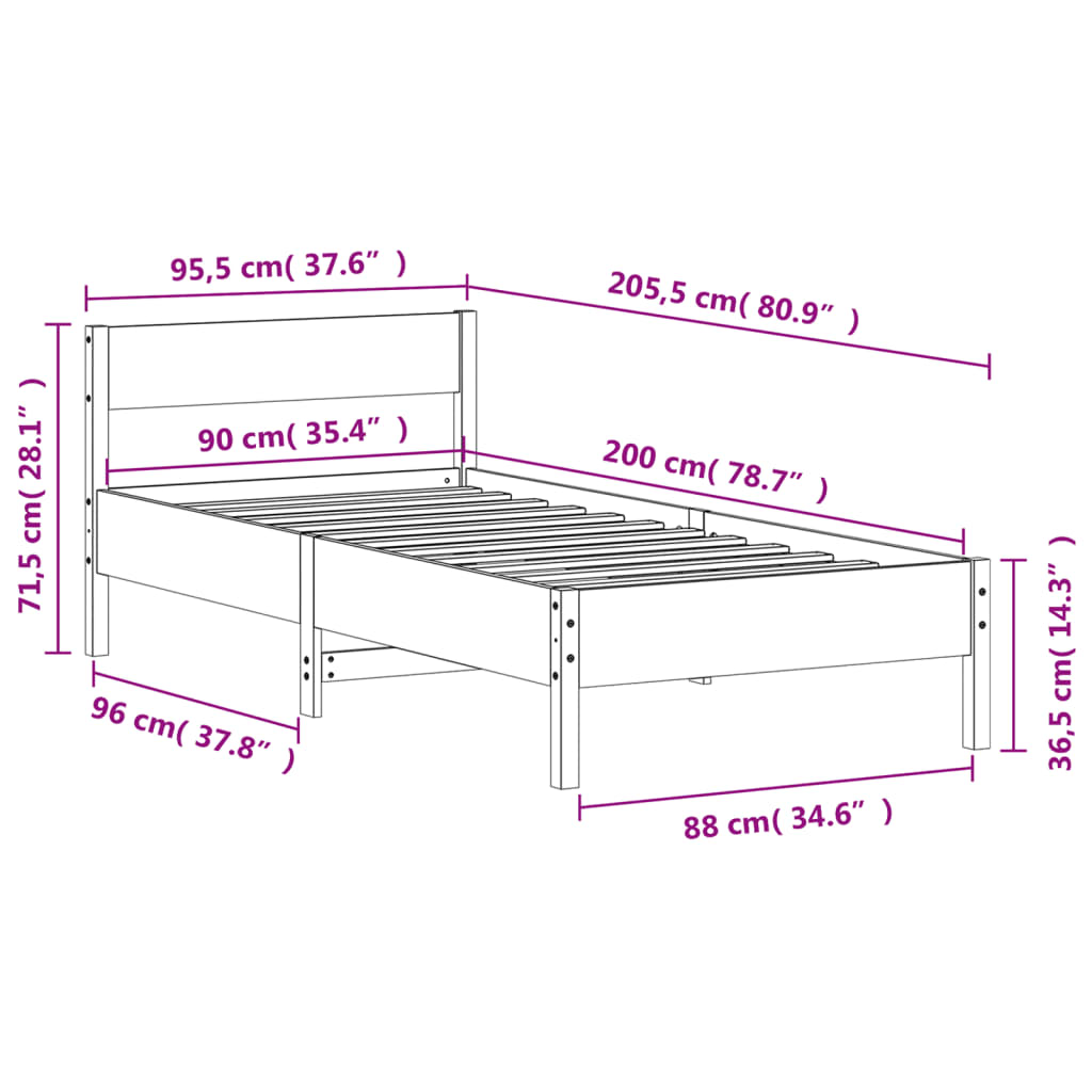 sengeramme uden madras 90x200 cm massivt fyrretræ hvid