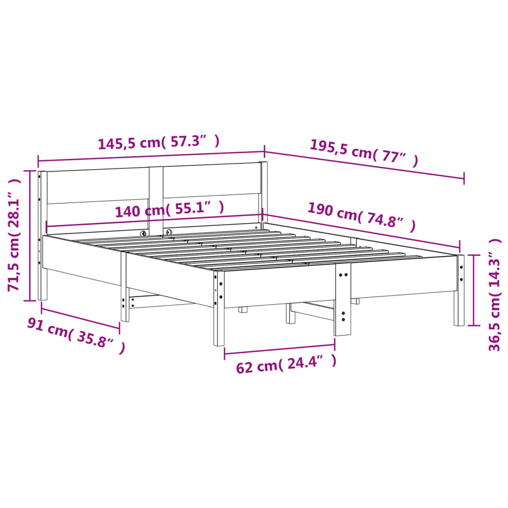 sengeramme uden madras 140x190 cm massivt fyrretræ