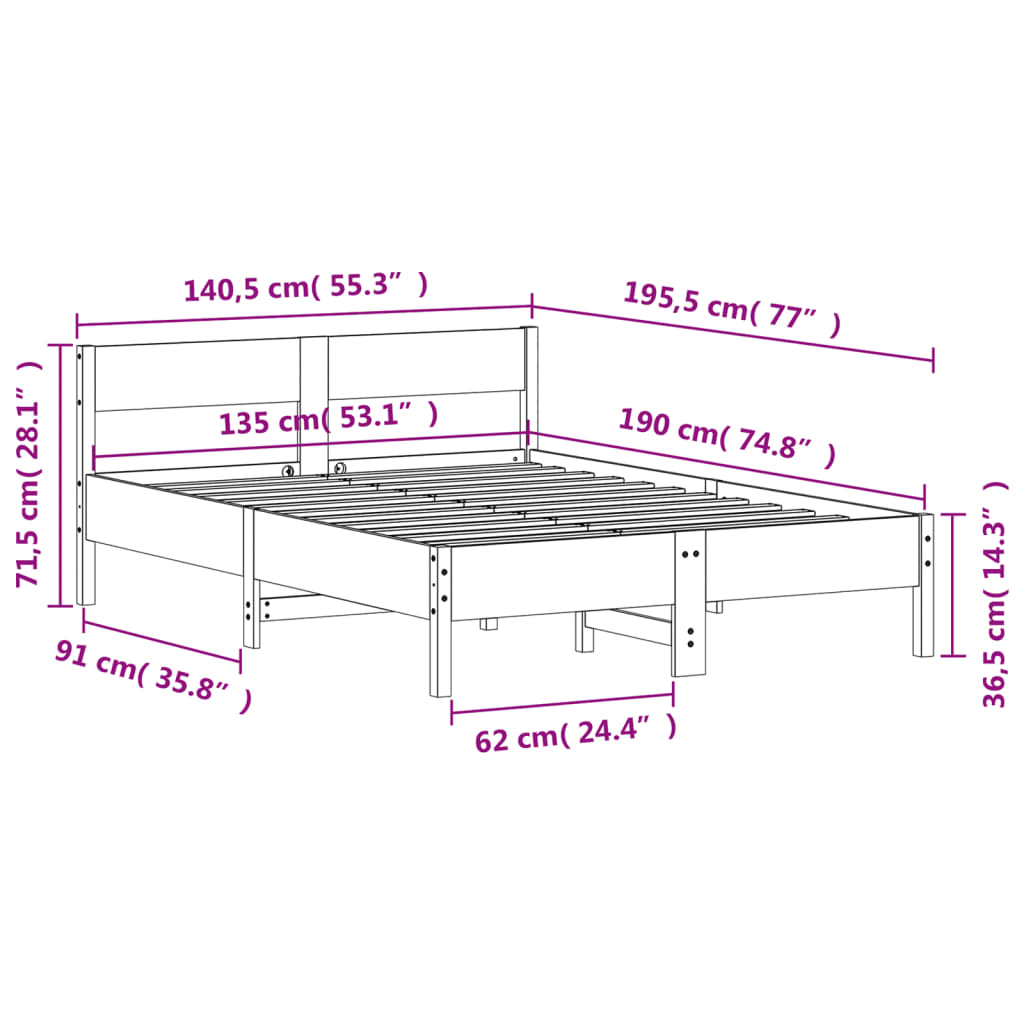 sengeramme uden madras 135x190 cm massivt fyrretræ brun