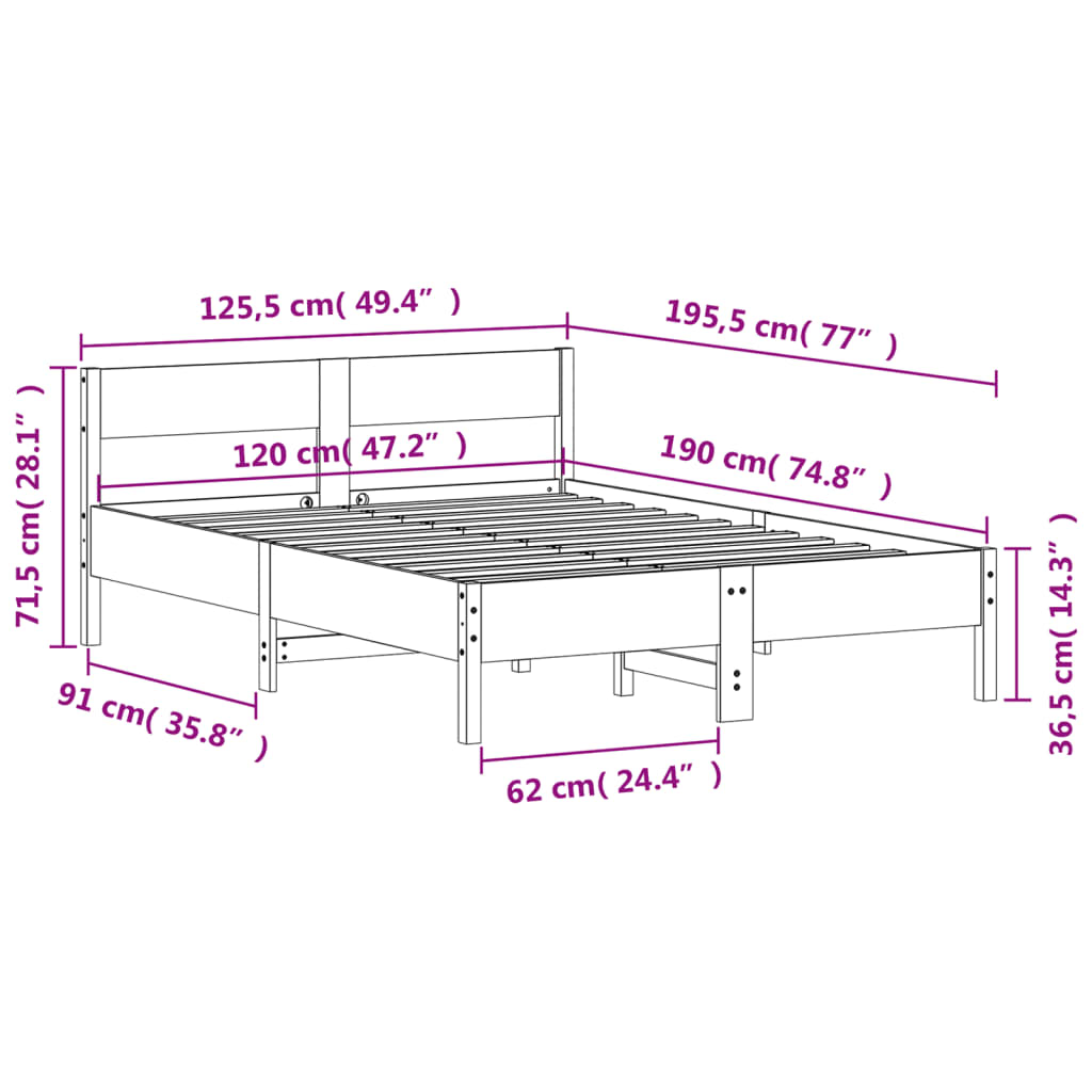 sengeramme uden madras 120x190 cm massivt fyrretræ