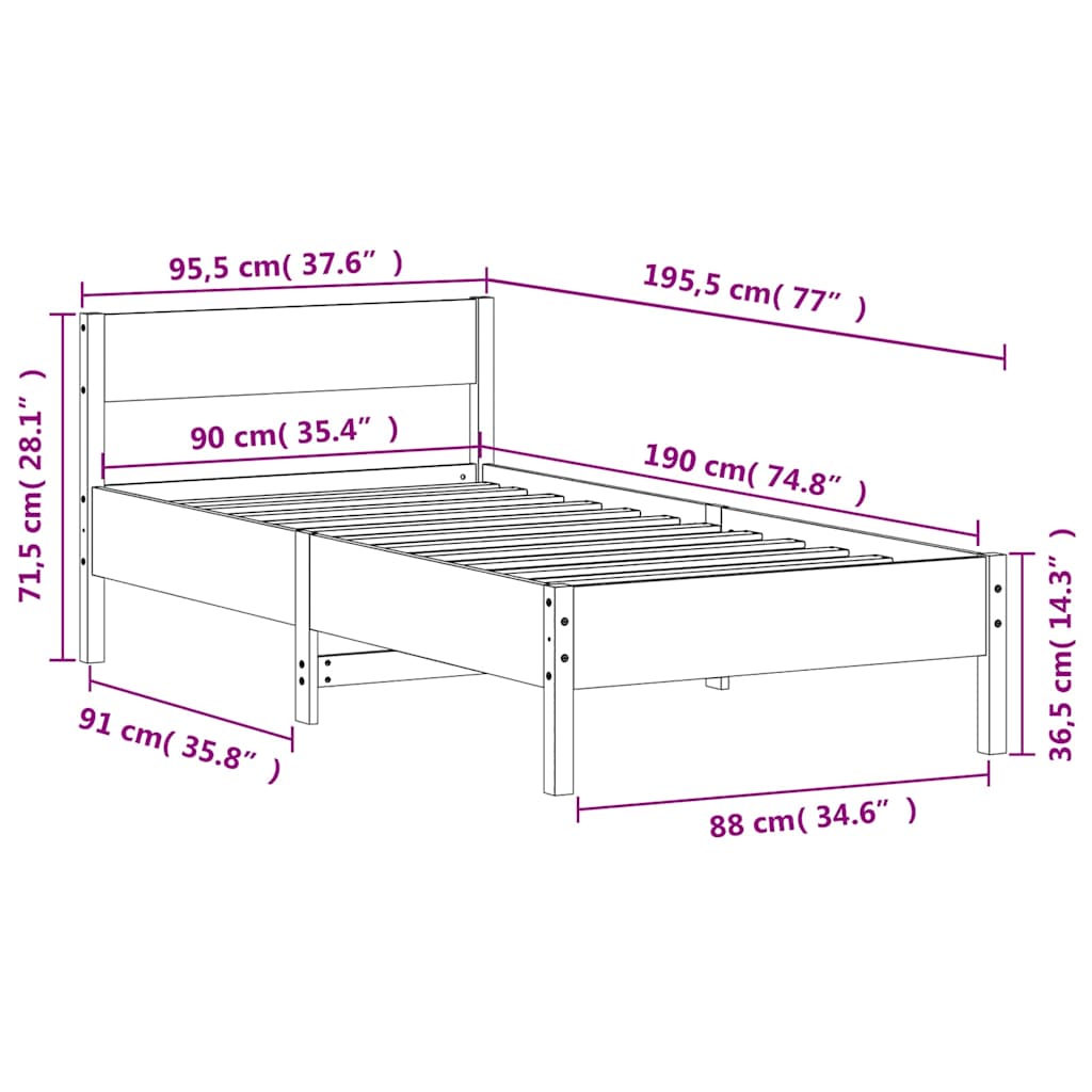 sengeramme uden madras 90x190 cm massivt fyrretræ hvid