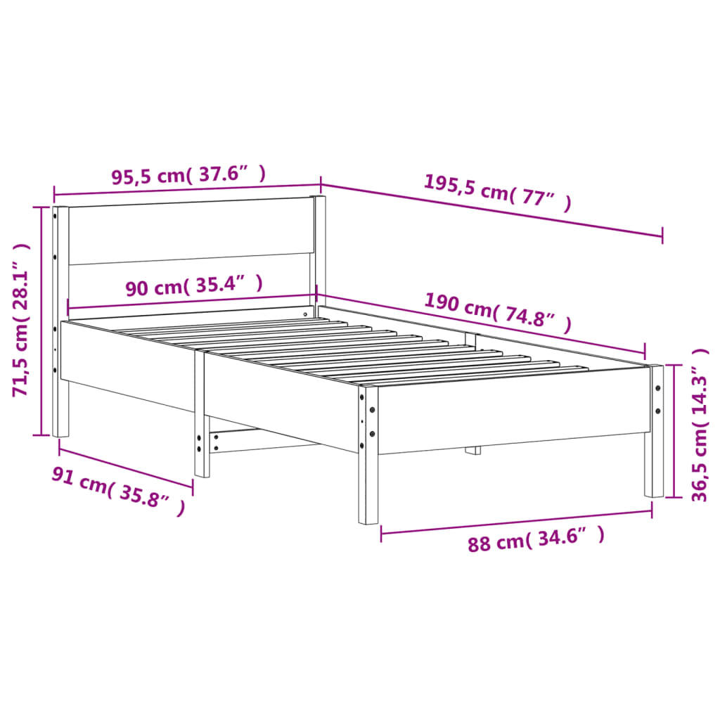 sengeramme uden madras 90x190 cm massivt fyrretræ gyldenbrun