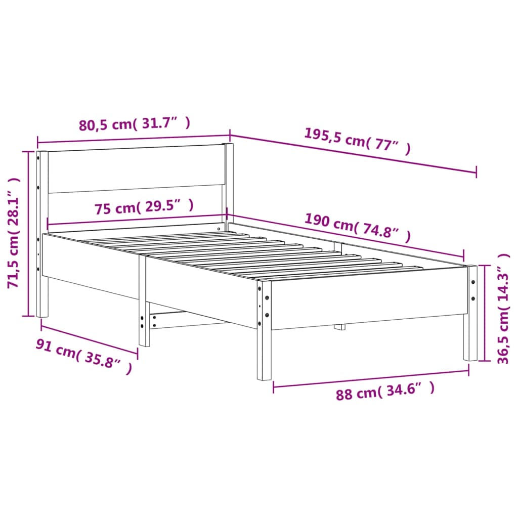 sengeramme uden madras 75x190 cm massivt fyrretræ hvid