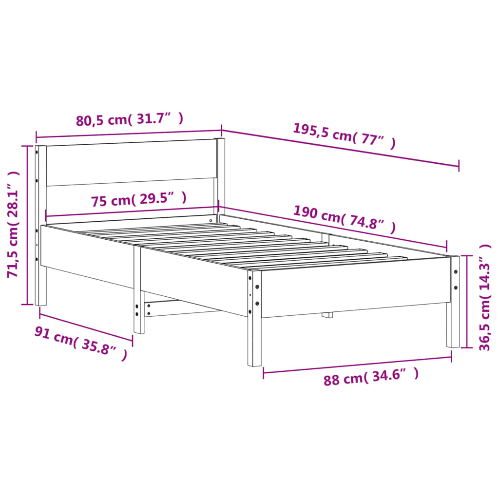 sengeramme uden madras 75x190 cm massivt fyrretræ gyldenbrun