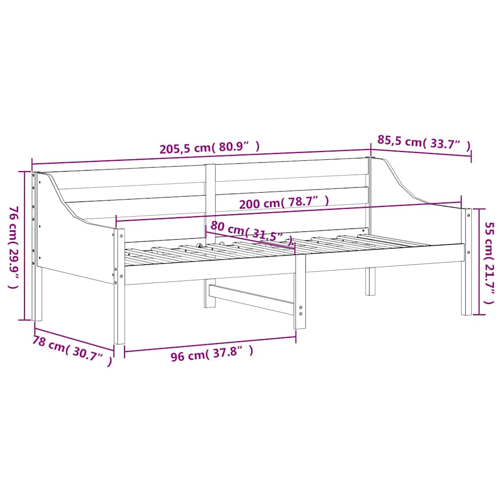 daybed uden madras 80x200 cm massivt fyrretræ