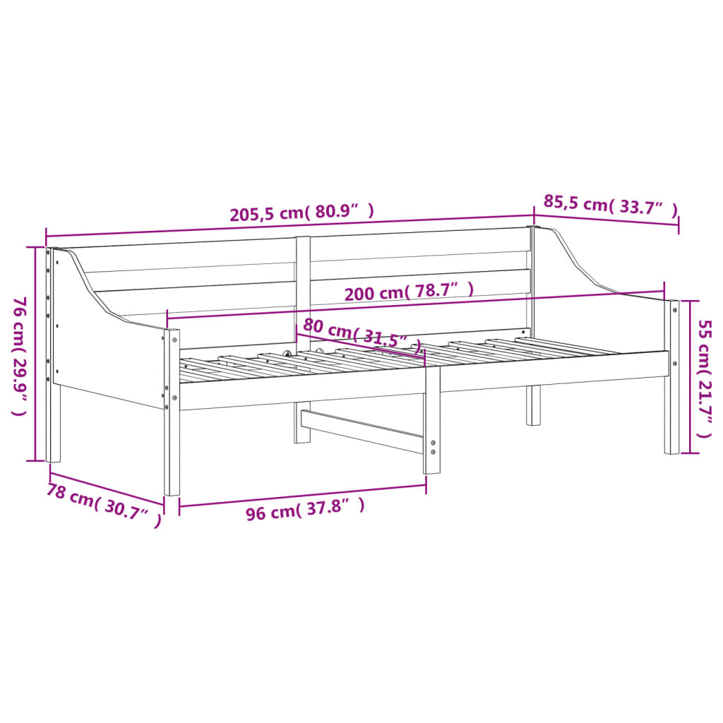 daybed uden madras 80x200 cm massivt fyrretræ hvid