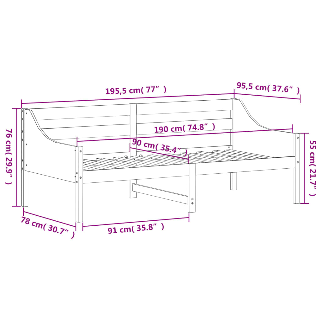 daybed uden madras 90x190 cm massivt fyrretræ hvid