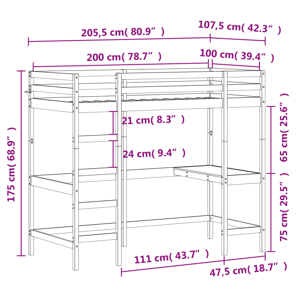 højseng med skrivebord 100x200 cm massivt fyrretræ
