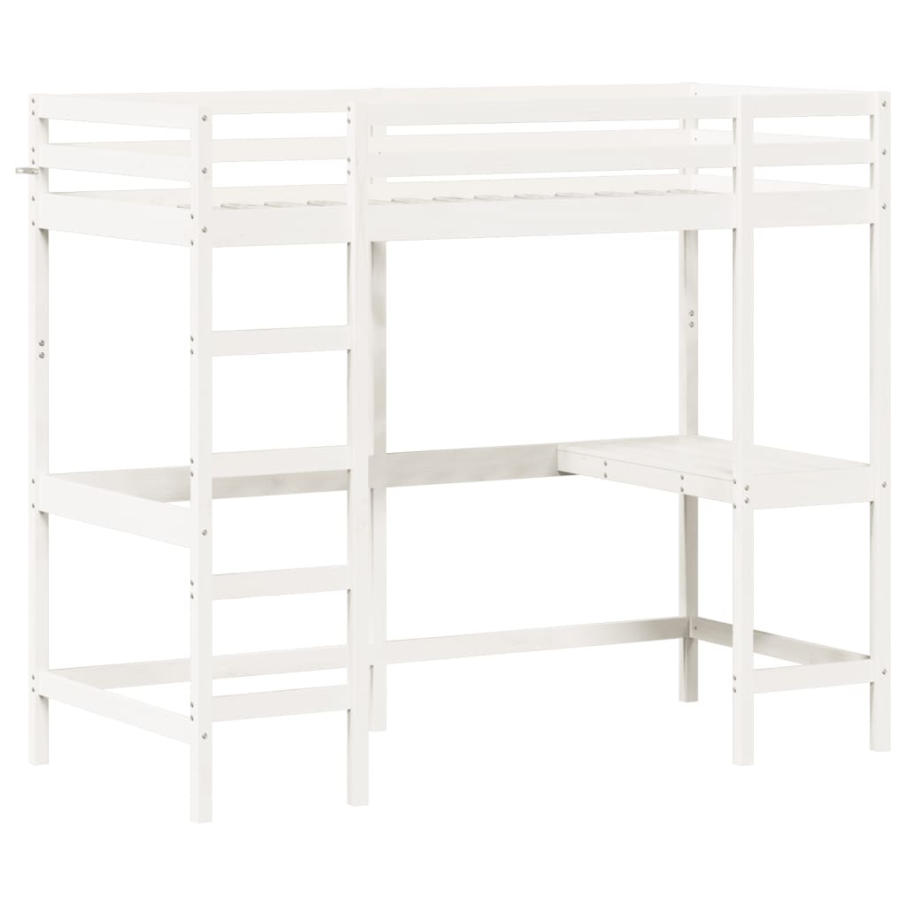 højseng med skrivebord 90x200 cm massivt fyrretræ hvid