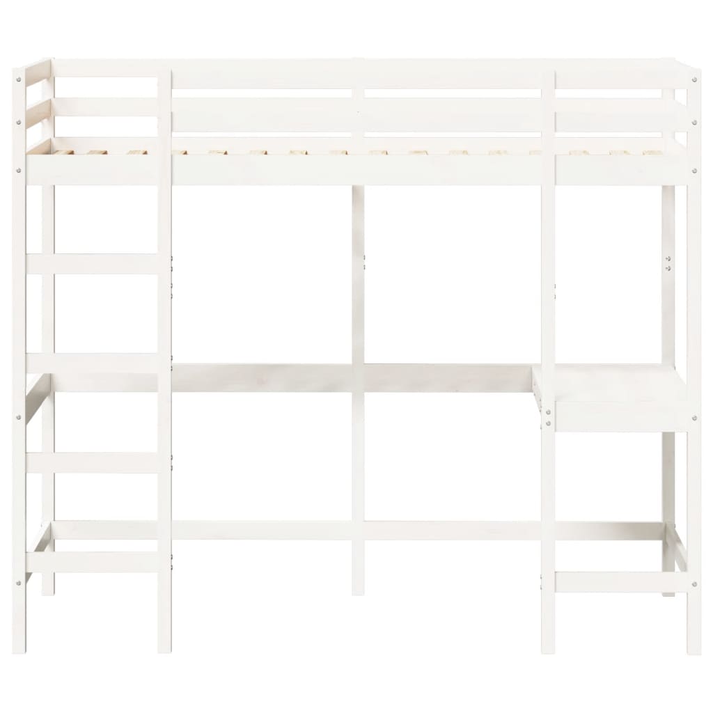 højseng med skrivebord 90x200 cm massivt fyrretræ hvid