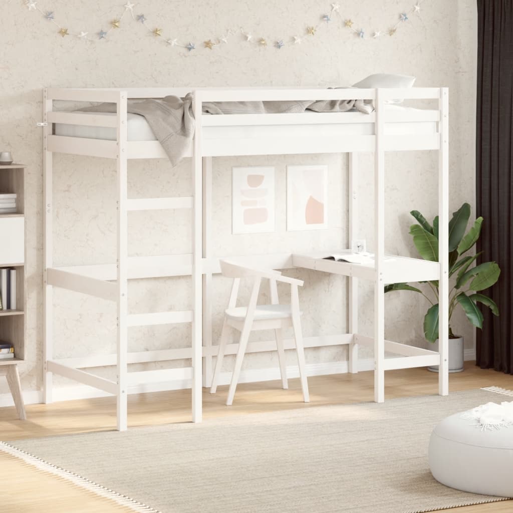 højseng med skrivebord 90x200 cm massivt fyrretræ hvid