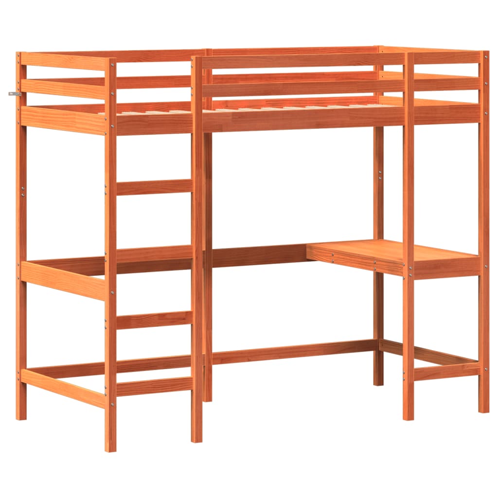 højseng med skrivebord 90x200 cm massivt fyrretræ gyldenbrun