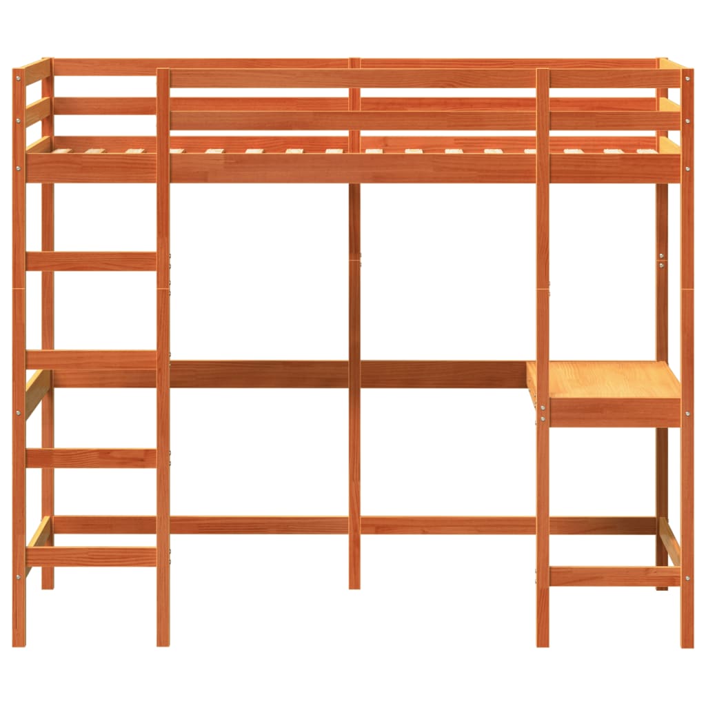 højseng med skrivebord 90x200 cm massivt fyrretræ gyldenbrun