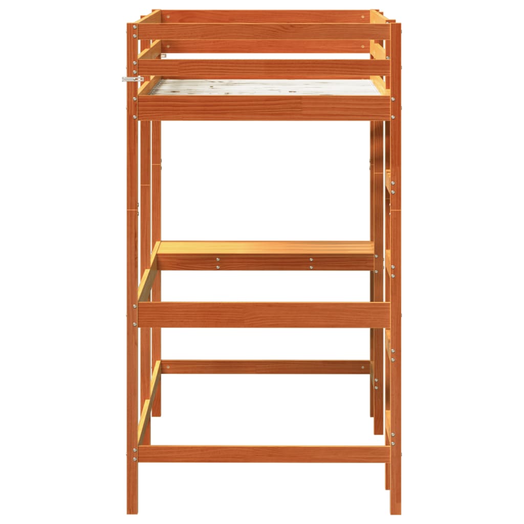 højseng med skrivebord 90x200 cm massivt fyrretræ gyldenbrun