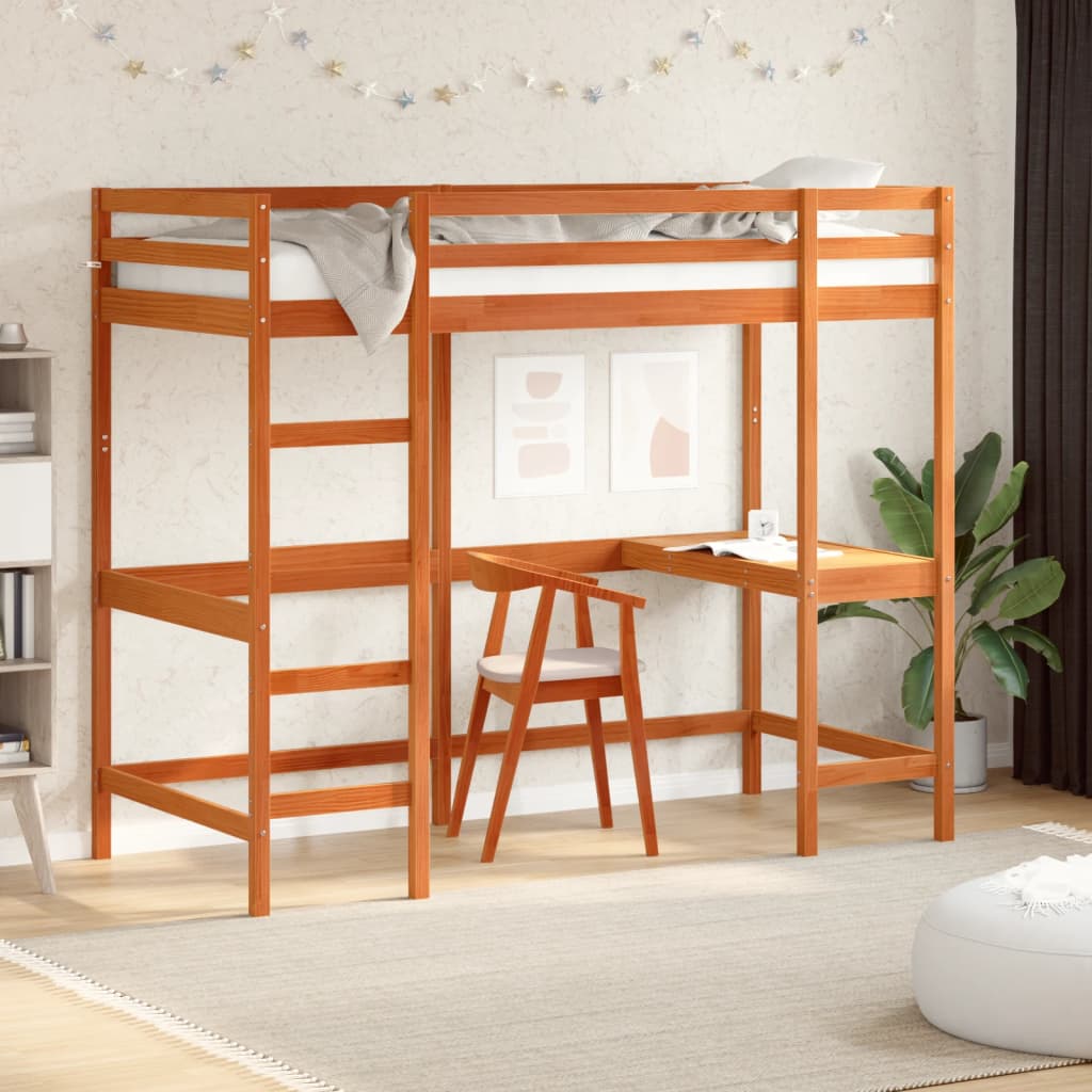 højseng med skrivebord 90x200 cm massivt fyrretræ gyldenbrun