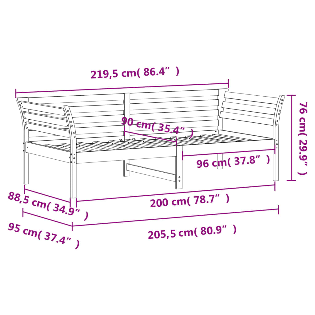 daybed uden madras 90x200 cm massivt fyrretræ hvid