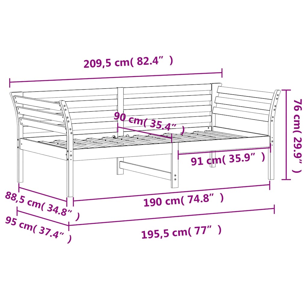 daybed uden madras 90x190 cm massivt fyrretræ hvid