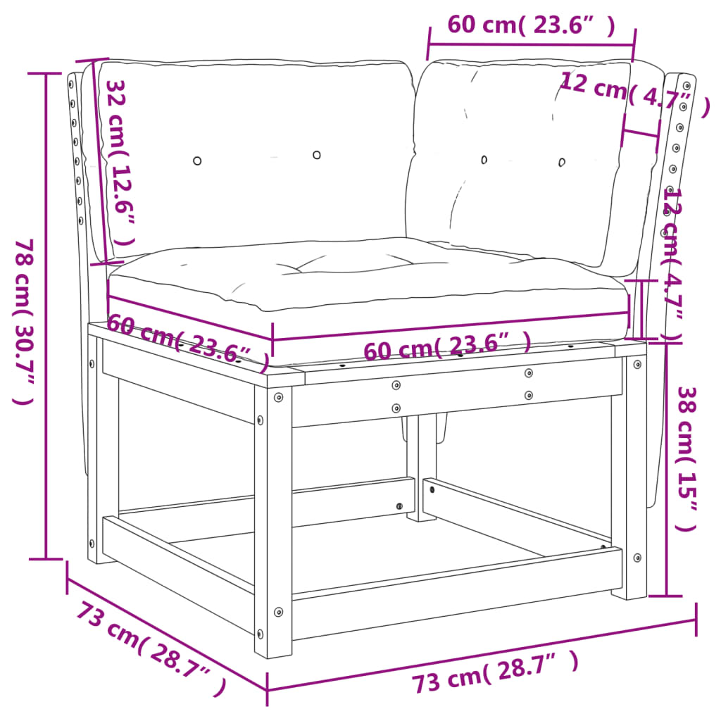 hjørnemodul til havesofa 73x73x78 cm m. hynder massivt fyr hvid