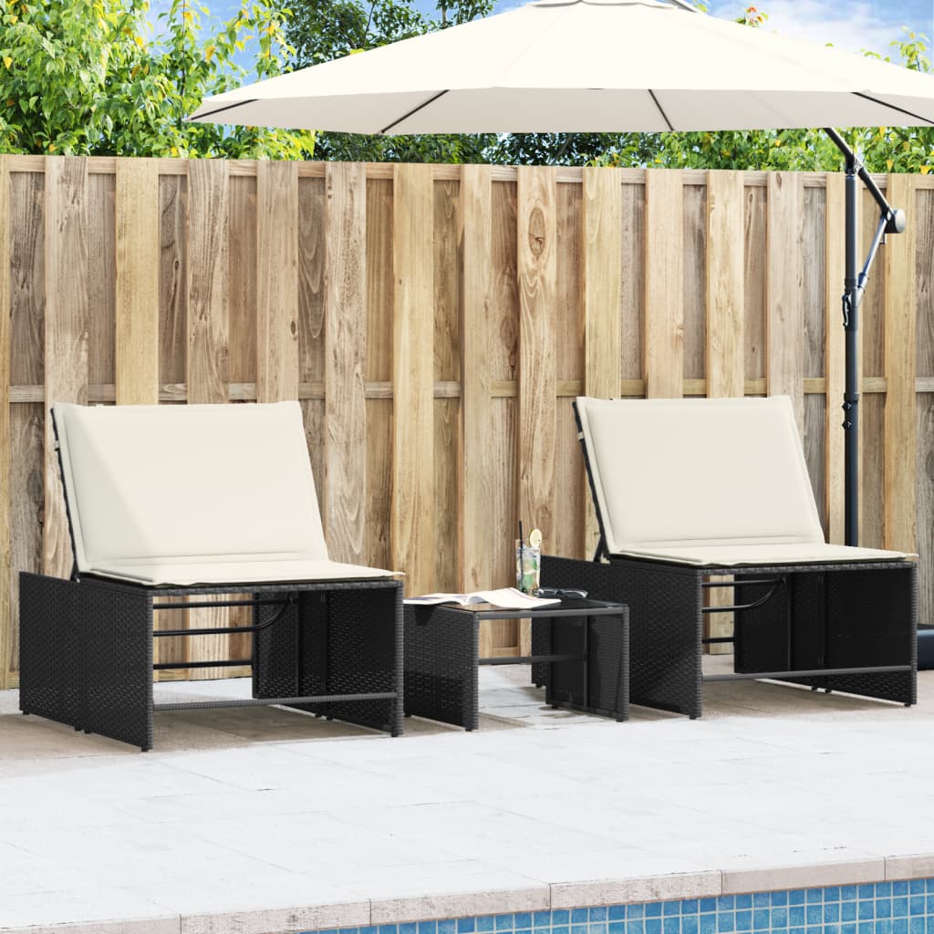 modulære liggestole 2 stk. med bord sort polyrattan