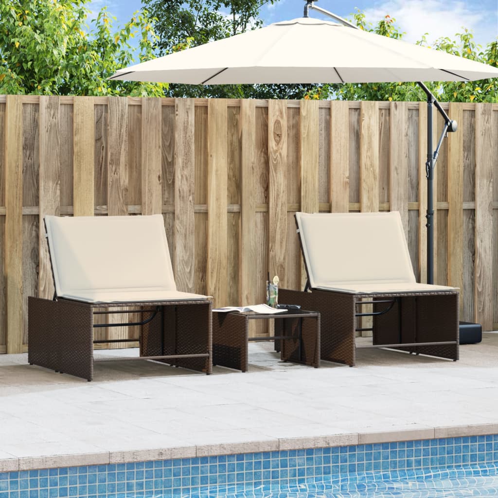 liggestole 2 stk. med bord brun polyrattan