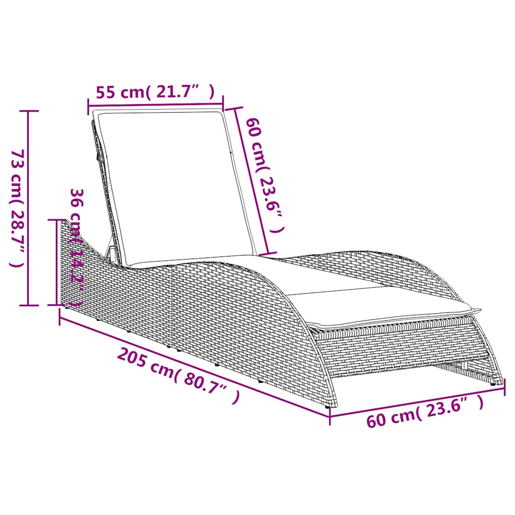 liggestol med hynde brun 60x205x73 cm polyrattan